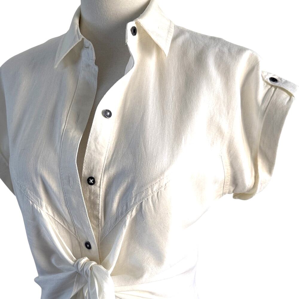 Anthro Maeve Linen Tie Front Shirt Dress White Size 0 Coastal Preppy Midi - Picture 4 of 11